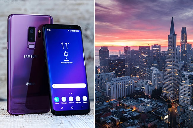 En bild på en Samsung-telefon och vy över San Francisco