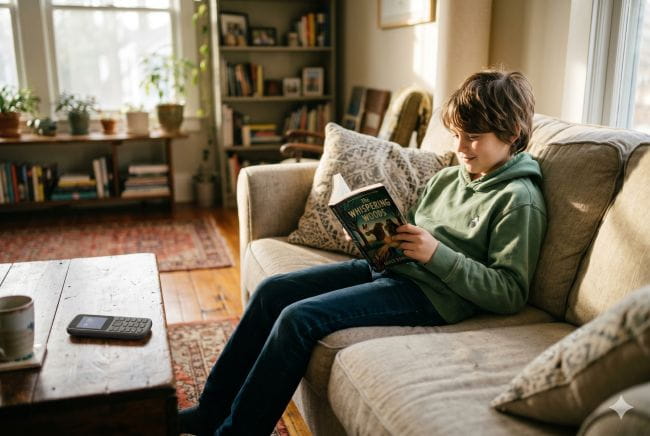 Ung kille sitter i soffa och läser bok, med en enklare knapp-mobil liggandes på soffbordet framför.